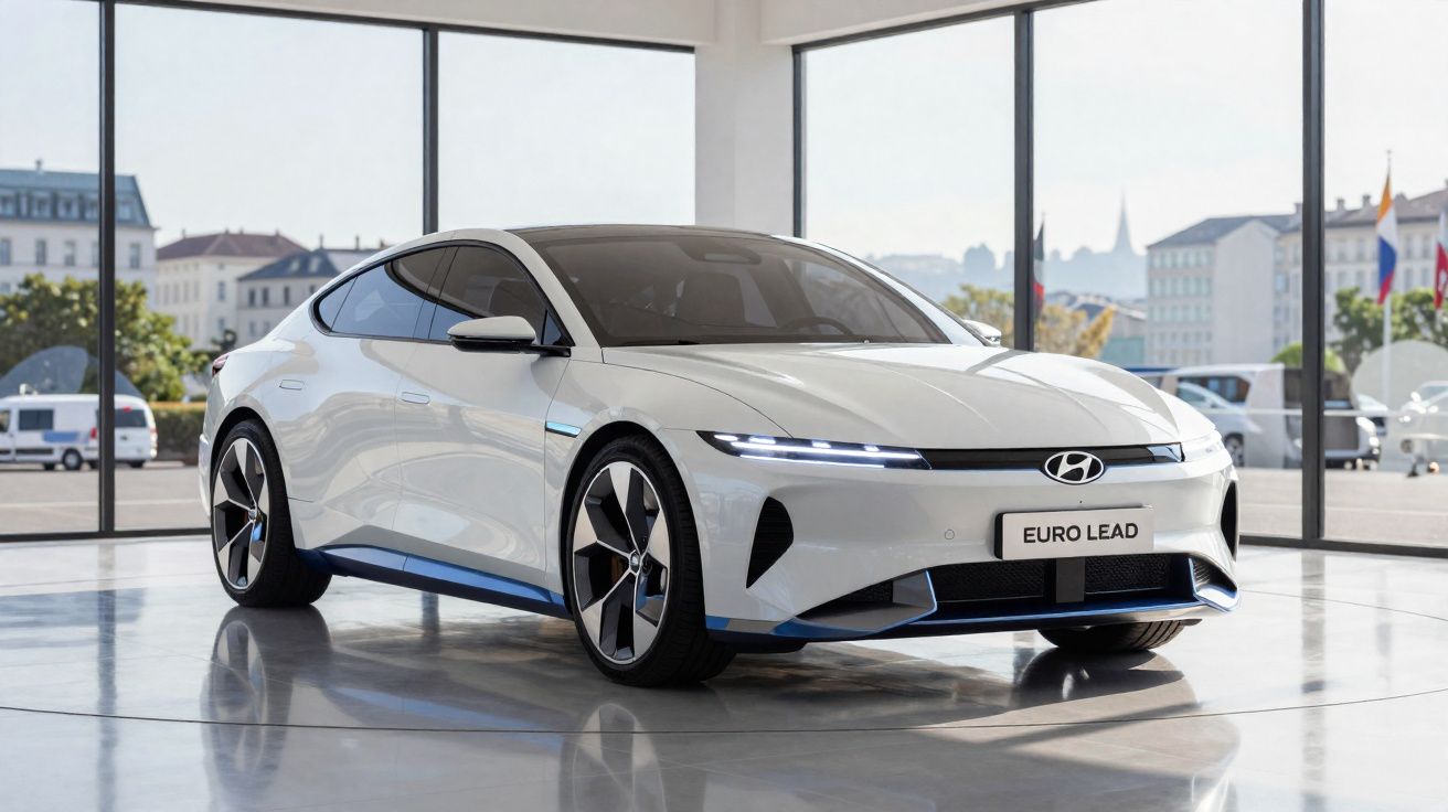 Automóvel elétrico Hyundai branco exposado em showroom com luz natural e janelas amplas.