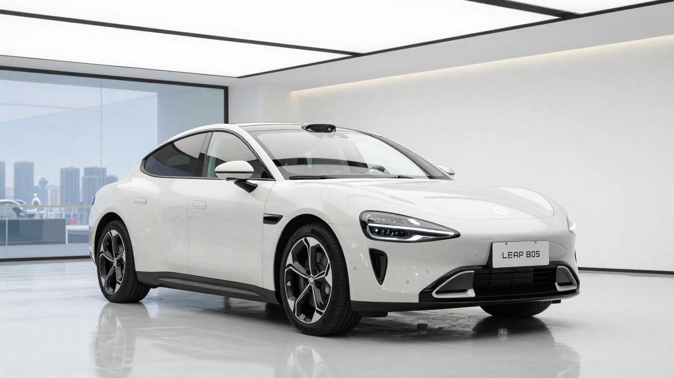 Carro elétrico branco modelo Leap B05 estacionado em sala moderna com janela panorâmica e vista urbana.