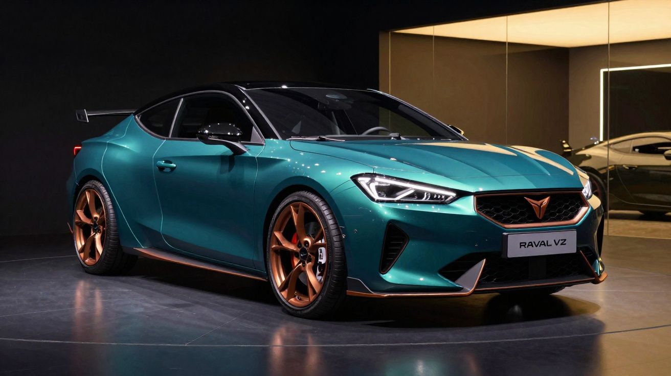 Carro desportivo Cupra Raval VZ verde metálico com jantes de liga leve cor de cobre fechado em estúdio.