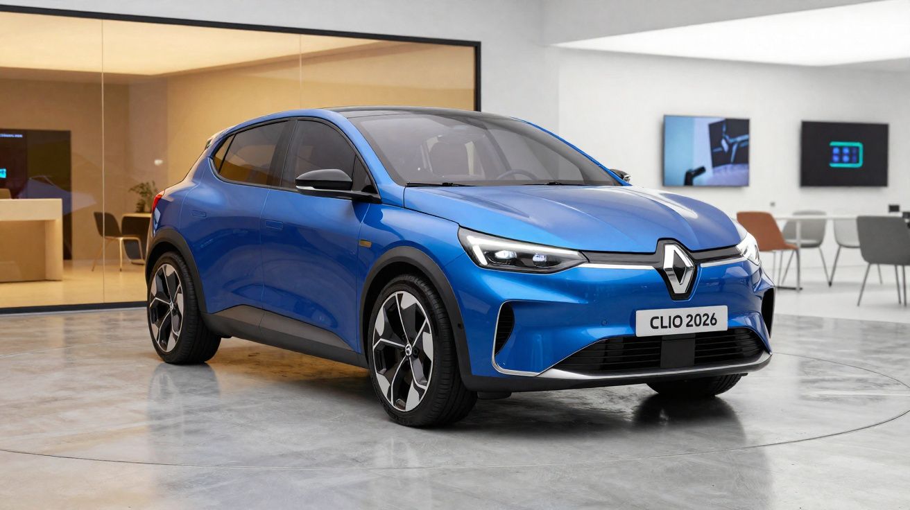Carro elétrico Renault Clio 2026 azul num espaço moderno de exposição com chão em cimento polido.