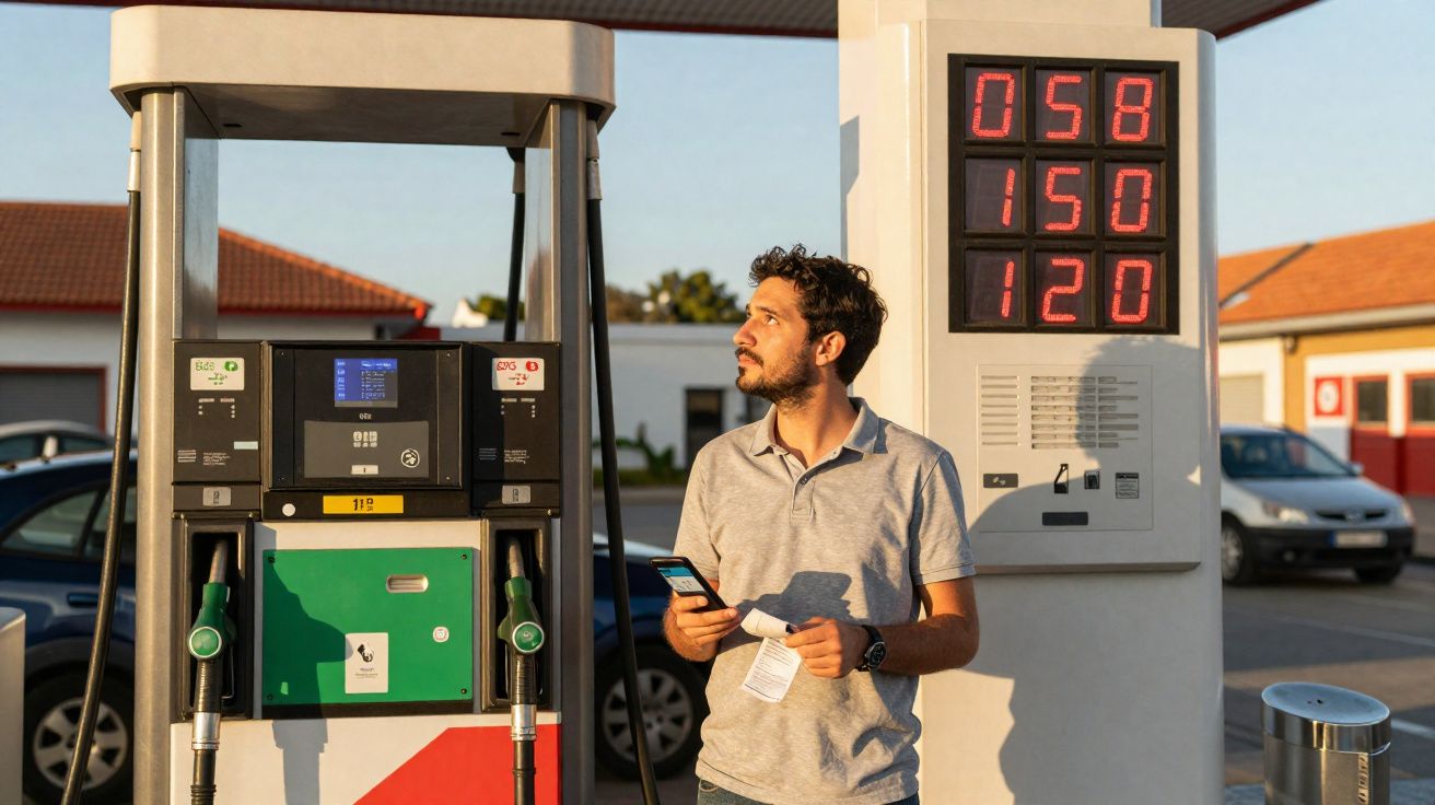 Homem a consultar preços no painel de uma bomba de combustível num posto de gasolina.