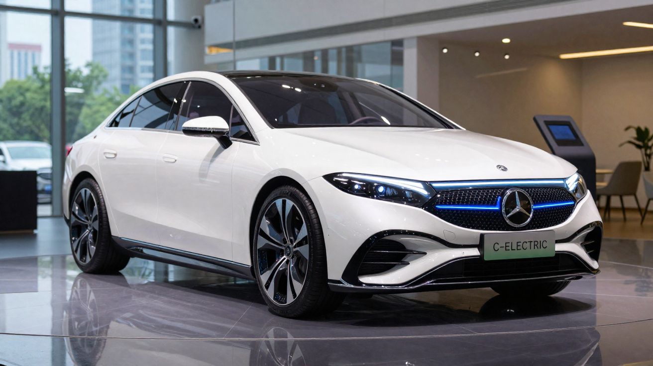 Carro elétrico Mercedes-Benz branco exibido numa sala moderna com grandes janelas de vidro.