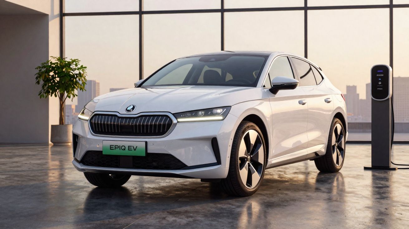 Carro elétrico branco Škoda EPIQ EV estacionado junto a posto de carregamento interior moderno.