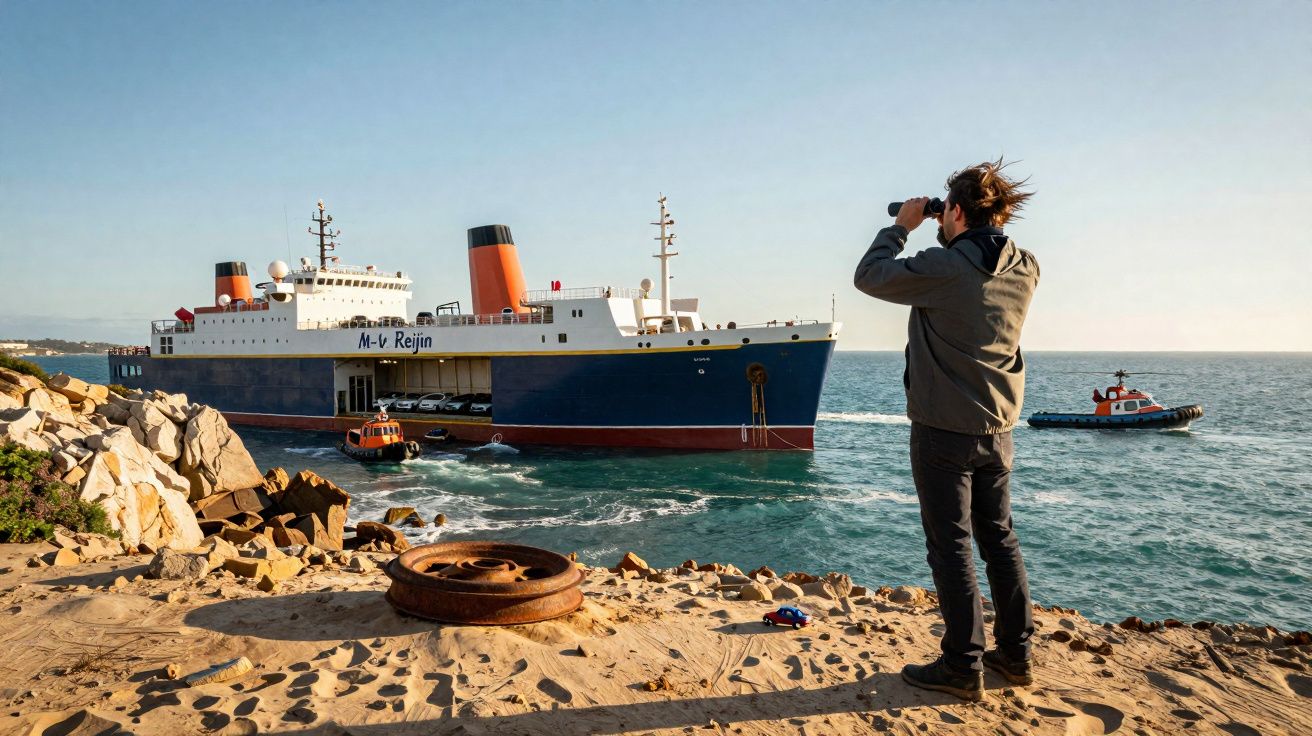 Homem com binóculos observa navio de passageiros no mar perto da costa rochosa ao entardecer.