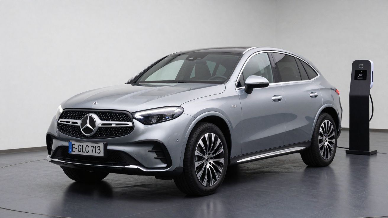 Carro elétrico Mercedes-Benz cinzento estacionado junto a um posto de carregamento num interior.