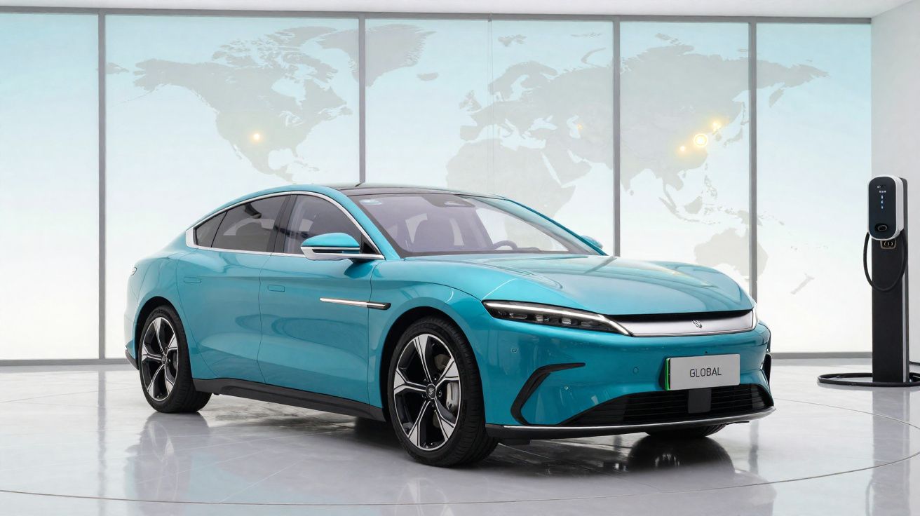 Carro elétrico azul moderno estacionado em showroom com carregador e mapa mundi ao fundo.