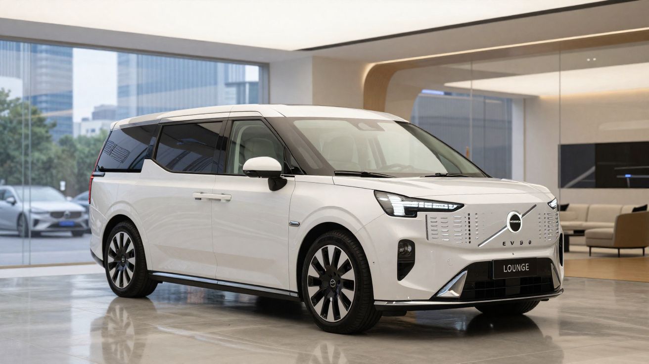 Automóvel elétrico Volvo EV 90 Lounge branco estacionado em ambiente moderno e interior.