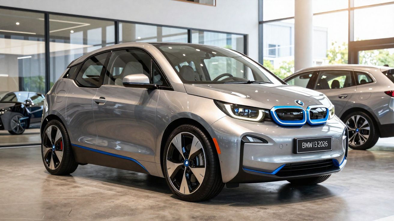 Carro elétrico BMW i3 2026 cinzento exposto em salão automóvel moderno com luz natural.