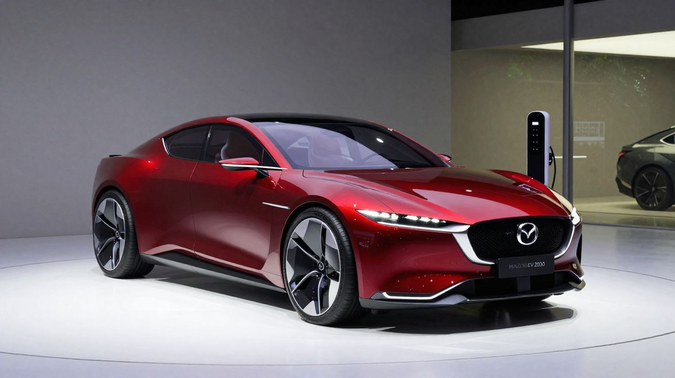 Carro elétrico desportivo Mazda EV 2030 vermelho exibido numa sala moderna com carregador ao fundo.
