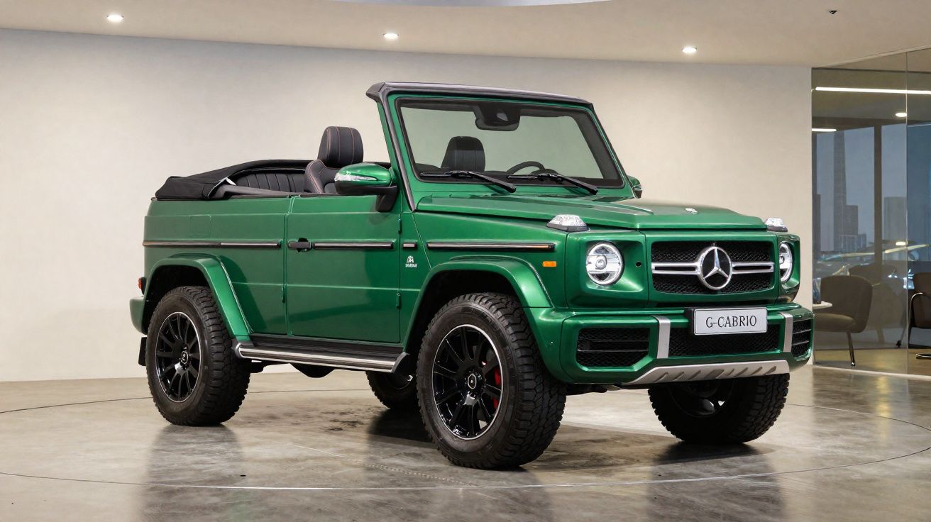 Carro verde Mercedes-Benz G Cabrio conversível em exposição com rodas pretas e interior preto.