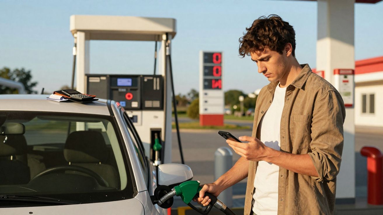 Homem a abastecer carro numa estação de serviço enquanto consulta o telemóvel.