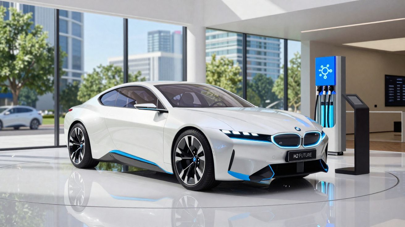 Carro elétrico BMW branco exposto em showroom moderno com carregador elétrico ao lado.