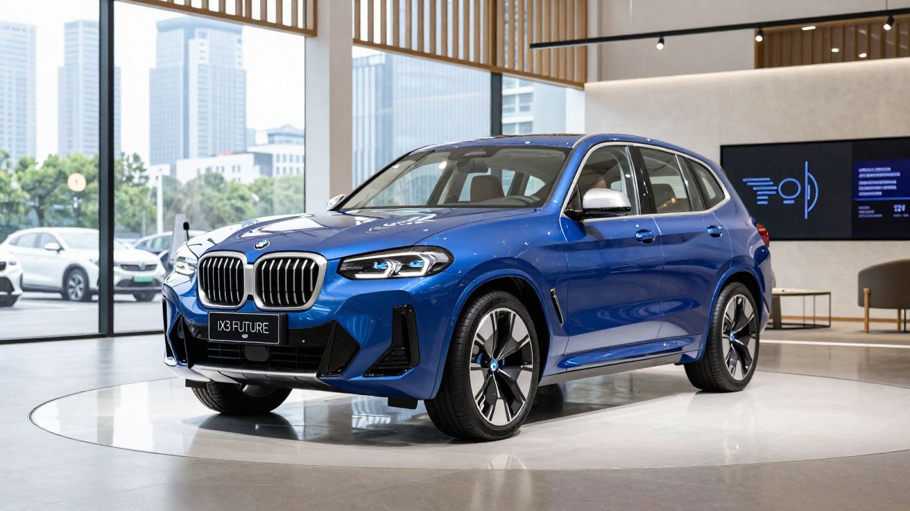 Carro elétrico BMW iX3 Future azul exposto em sala de showroom moderna com janelas amplas.