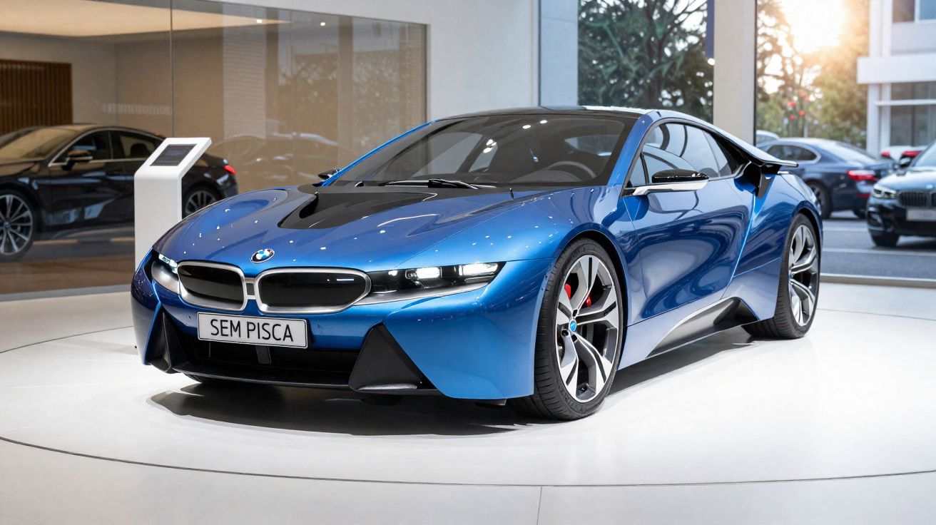 Carro desportivo azul BMW i8 em exposição numa sala com grandes janelas e outras viaturas ao fundo.