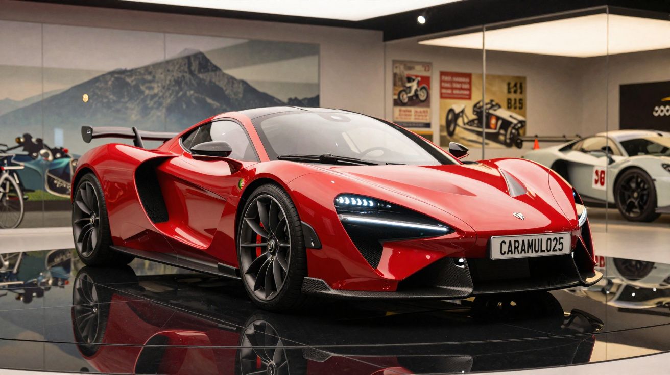 Carro desportivo vermelho brilhante num museu com paredes espelhadas e posters vintage.