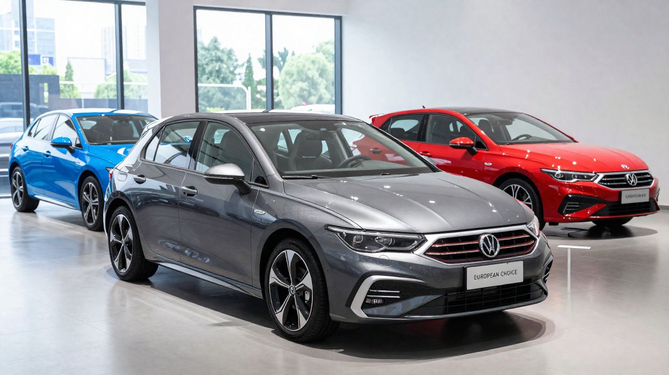 Três carros Volkswagen estacionados em exposição numa sala com grandes janelas e chão branco.