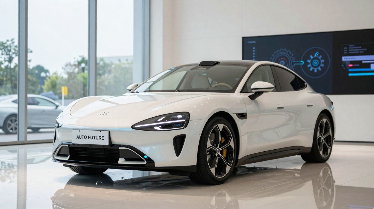 Carro desportivo eléctrico branco estacionado num salão moderno com grandes janelas e ecrãs digitais.