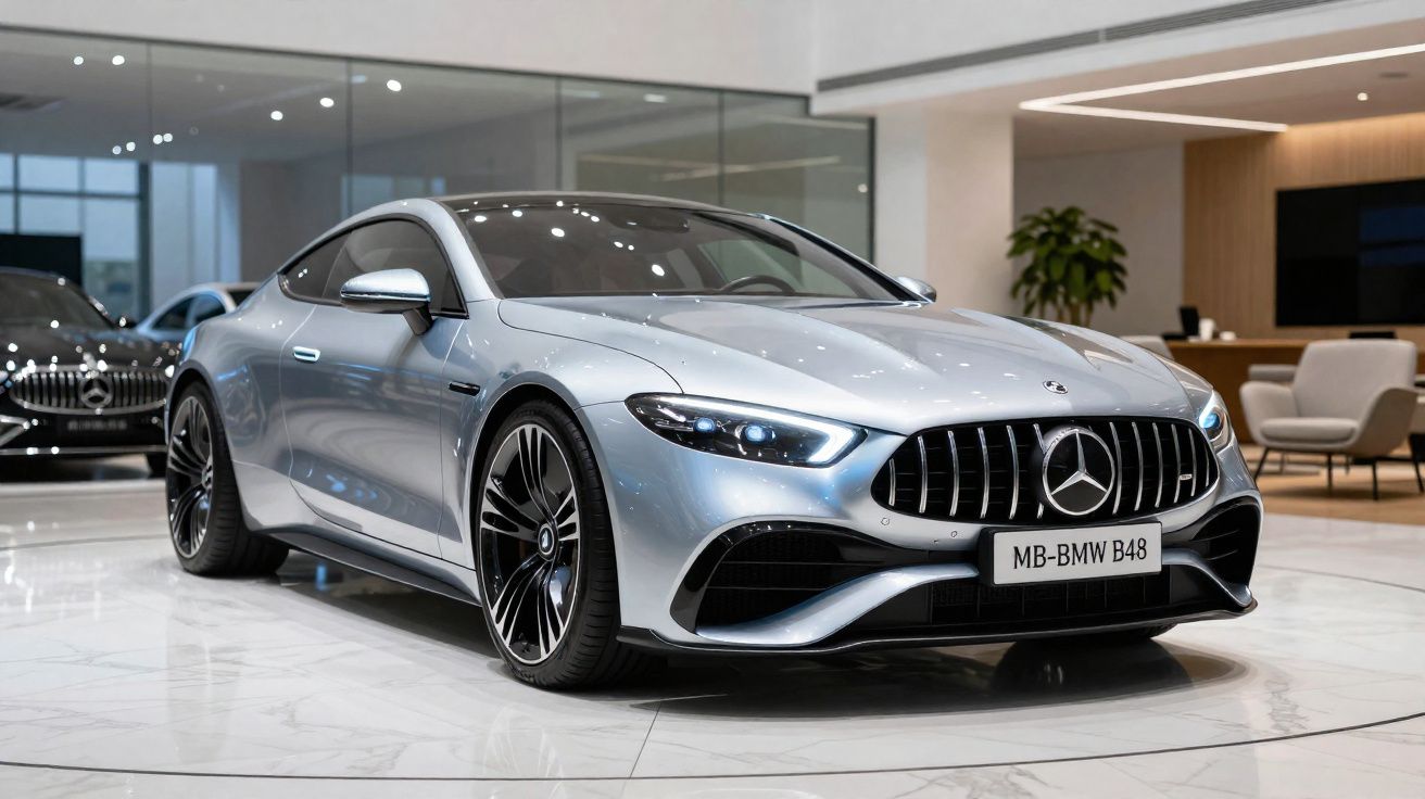 Carro desportivo Mercedes-Benz prateado exibido num showroom moderno com interiores elegantes.