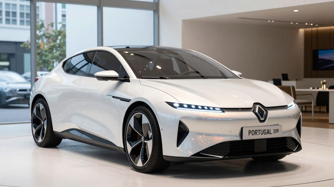Carro eléctrico branco Renault em exibição numa sala moderna com grandes janelas e iluminação suave.