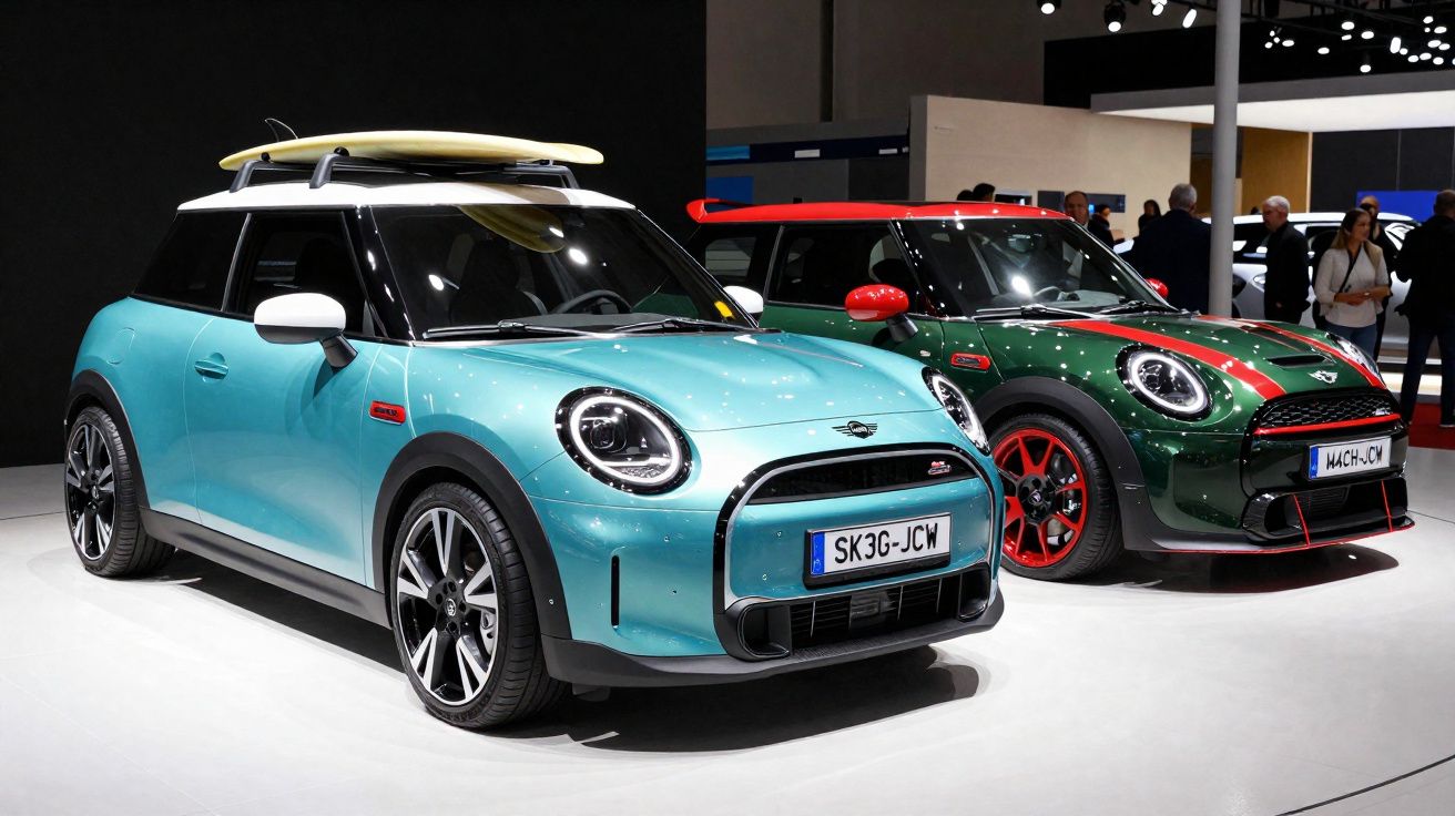 Dois carros Mini Cooper estacionados, um azul com prancha de surf e outro verde com detalhes vermelhos, em exposição automóve