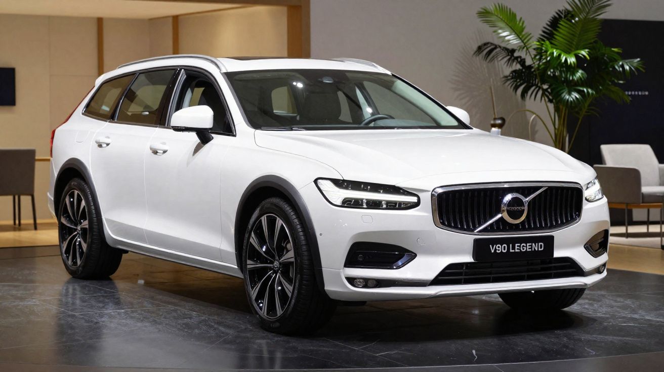Carro Volvo V90 Legend branco estacionado num interior moderno com plantas e cadeiras ao fundo.