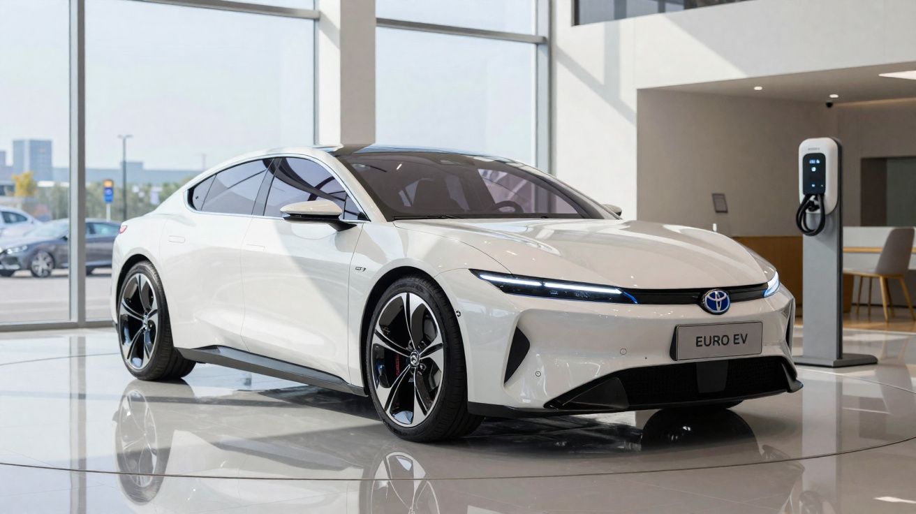 Carro elétrico branco Toyota Euro EV estacionado dentro de showroom moderno com carregador elétrico.