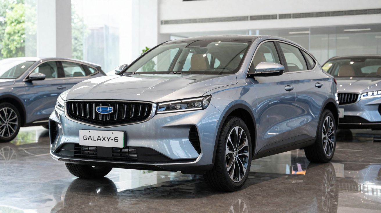 Carro crossover cinzento Galaxy-6 em exposição dentro de concessionária moderna.