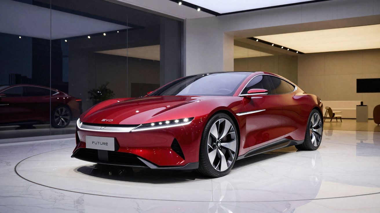Carro desportivo elétrico vermelho com design futurista em exposição num espaço moderno e iluminado.