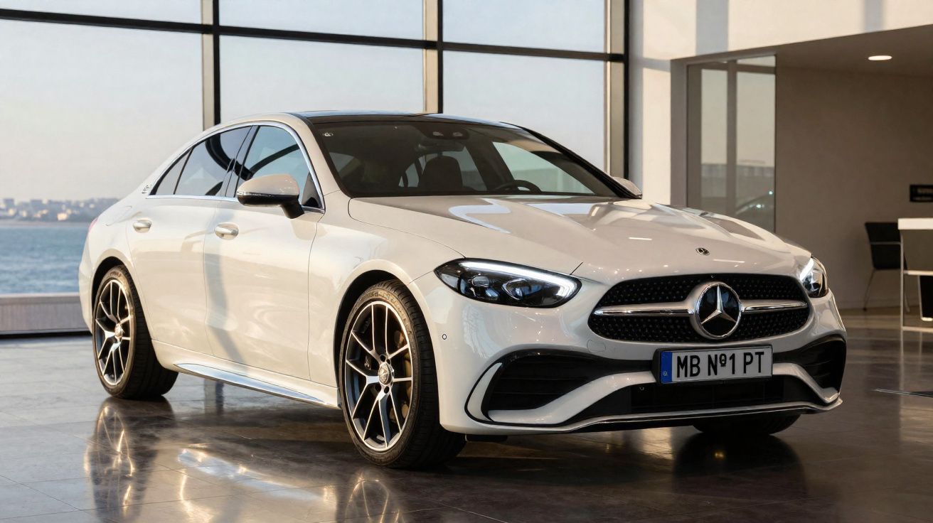 Carro Mercedes-Benz branco, estacionado dentro de uma sala com janelas grandes e vista para o mar.