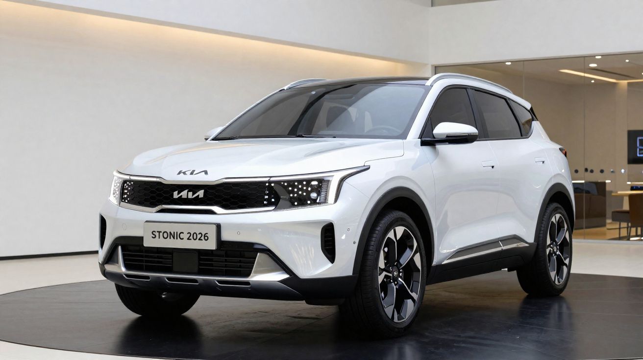 Carro SUV branco Kia Stonic 2026 exposto em ambiente moderno e iluminado interiormente.