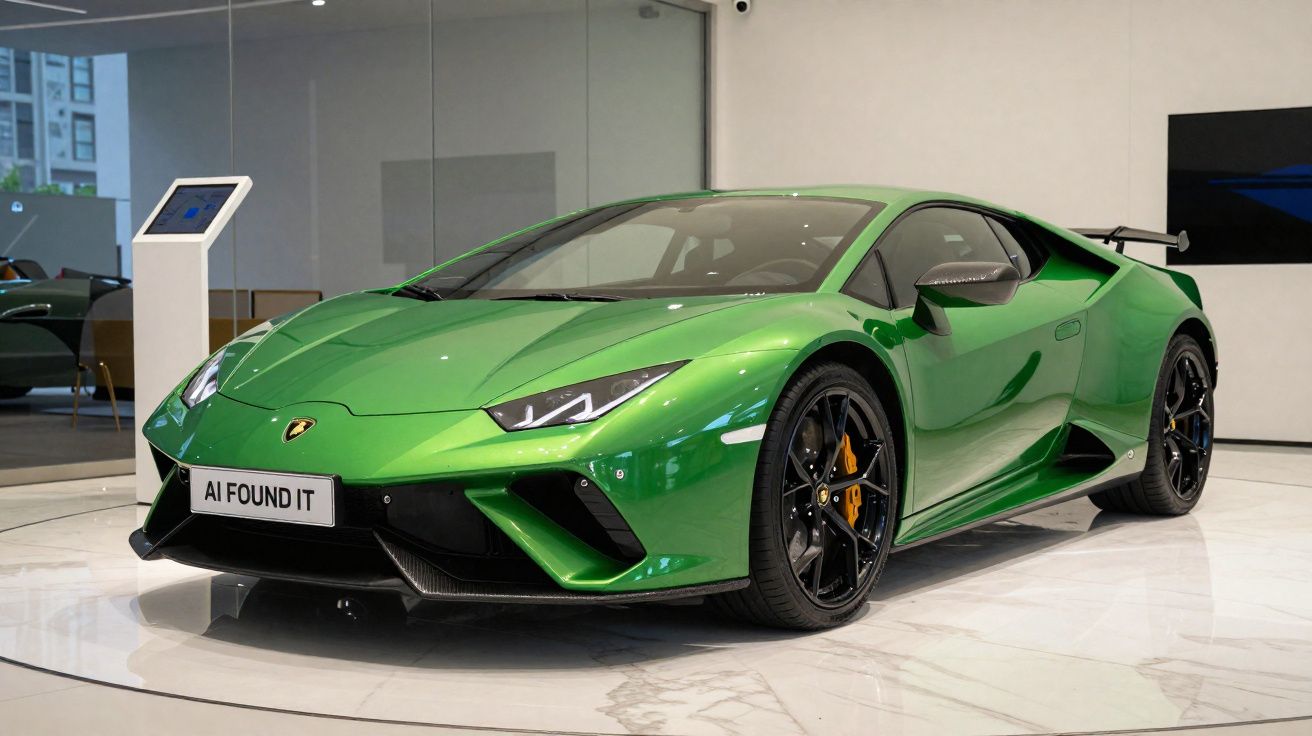 Carro desportivo Lamborghini verde metálico exposto em showroom moderno com chão branco brilhante.