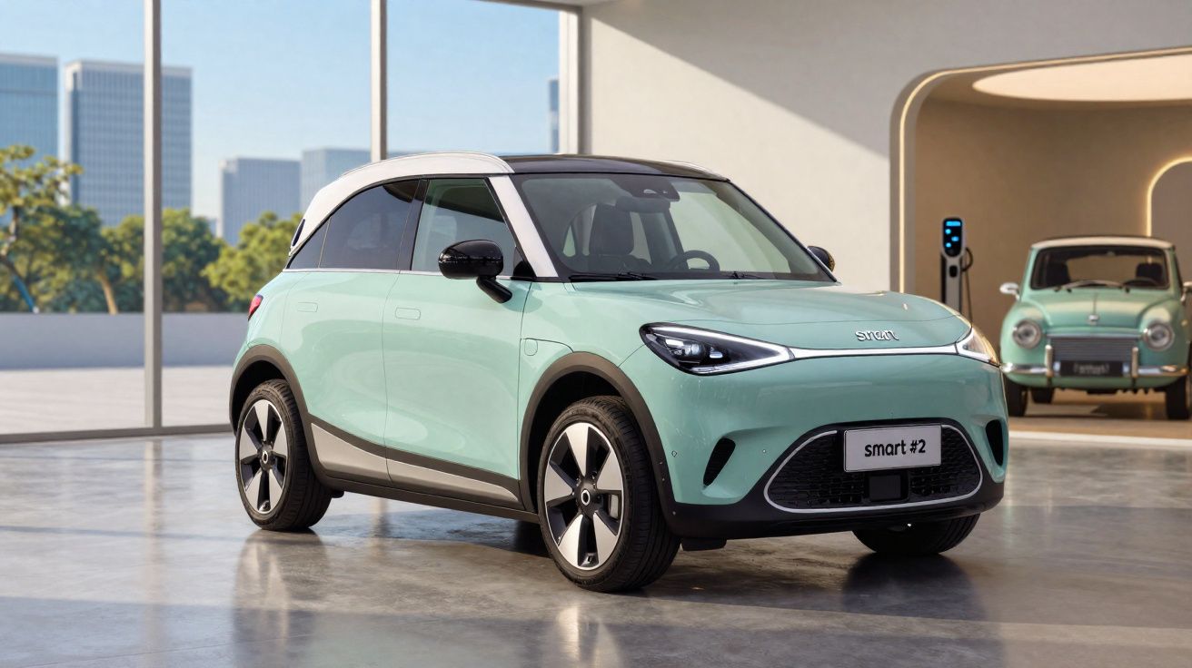Automóvel elétrico Smart #2 verde claro estacionado em showroom moderno com janelas amplas.