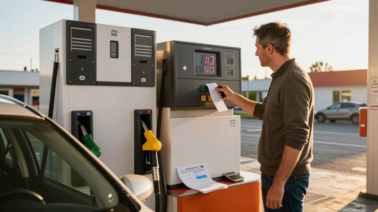 Homem a pagar em posto de combustível ao ar livre durante o dia.