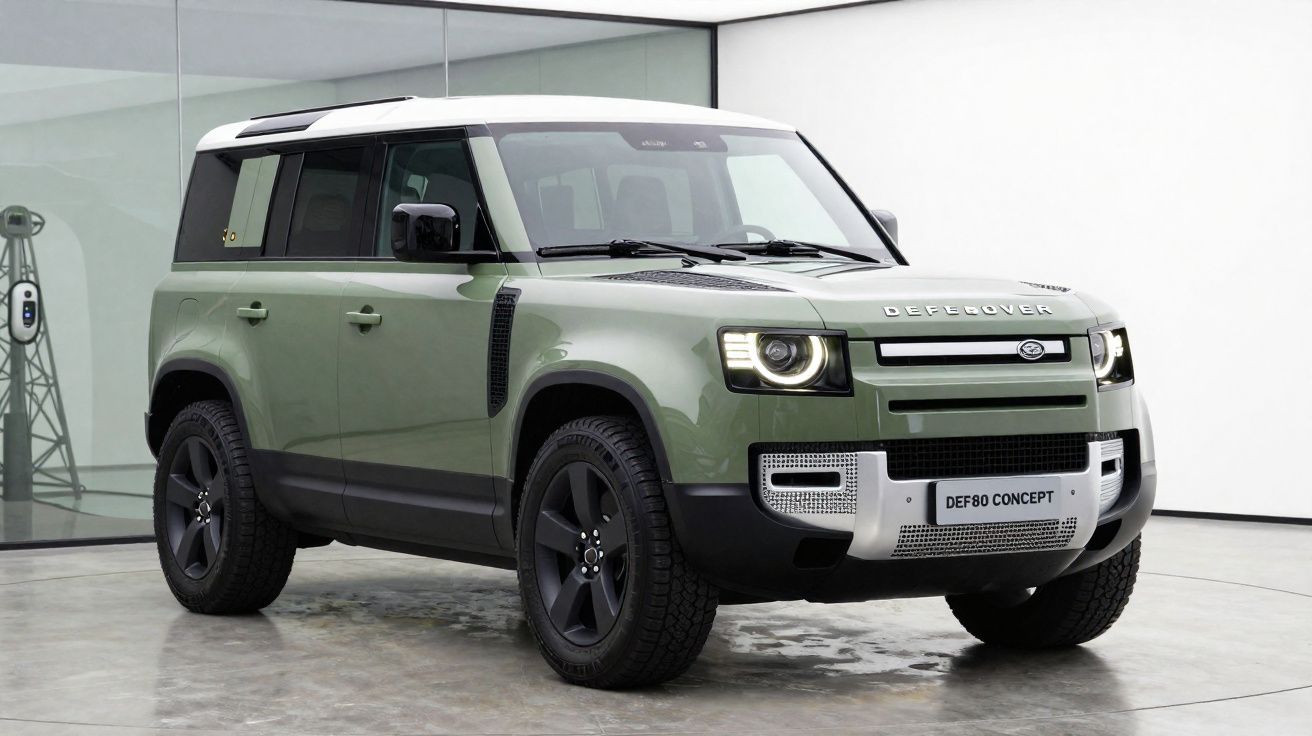 SUV Land Rover Defender 80 Concept em verde com tejadilho branco estacionado em espaço interior moderno.
