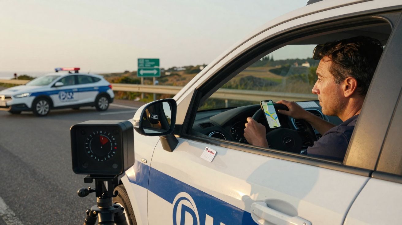 Homem dentro de viatura da polícia a consultar GPS enquanto radar de velocidade está ativo na estrada.