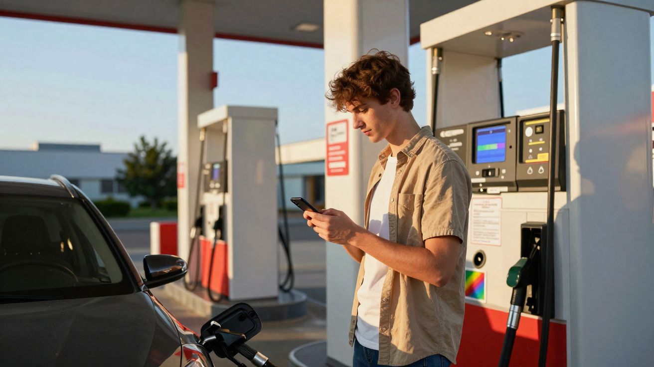 Jovem abastece carro numa bomba de combustível enquanto utiliza telemóvel num posto de gasolina.