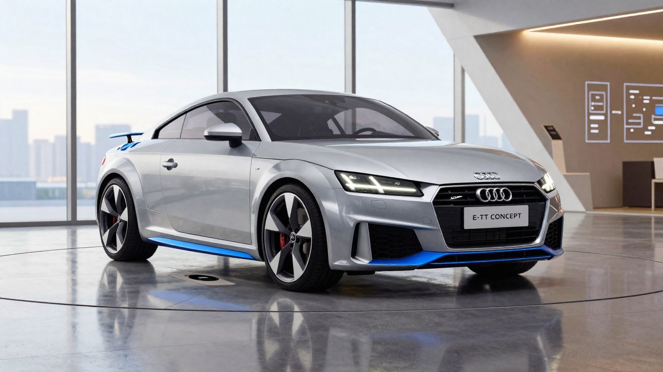 Carro desportivo elétrico Audi E-TT Concept prateado num salão moderno com janelas grandes.