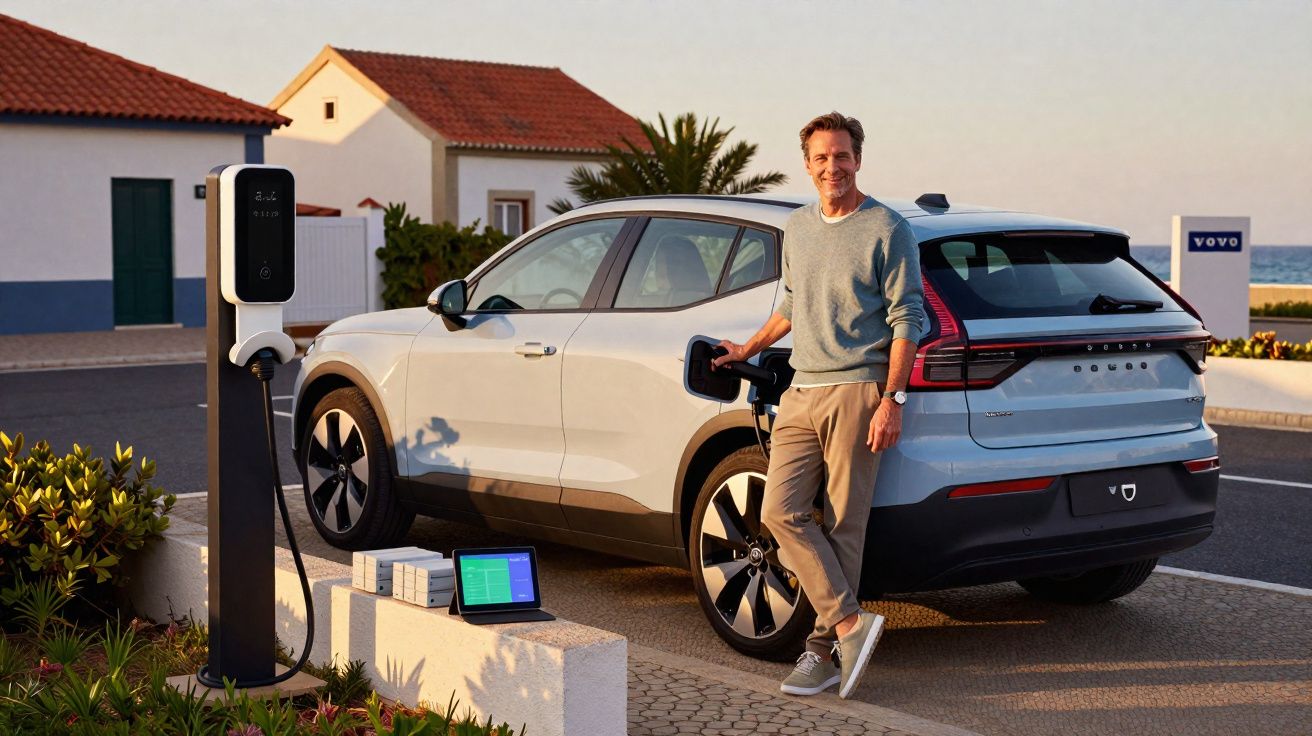 Homem a carregar um carro elétrico branco junto a um posto de carregamento junto ao mar ao pôr do sol.