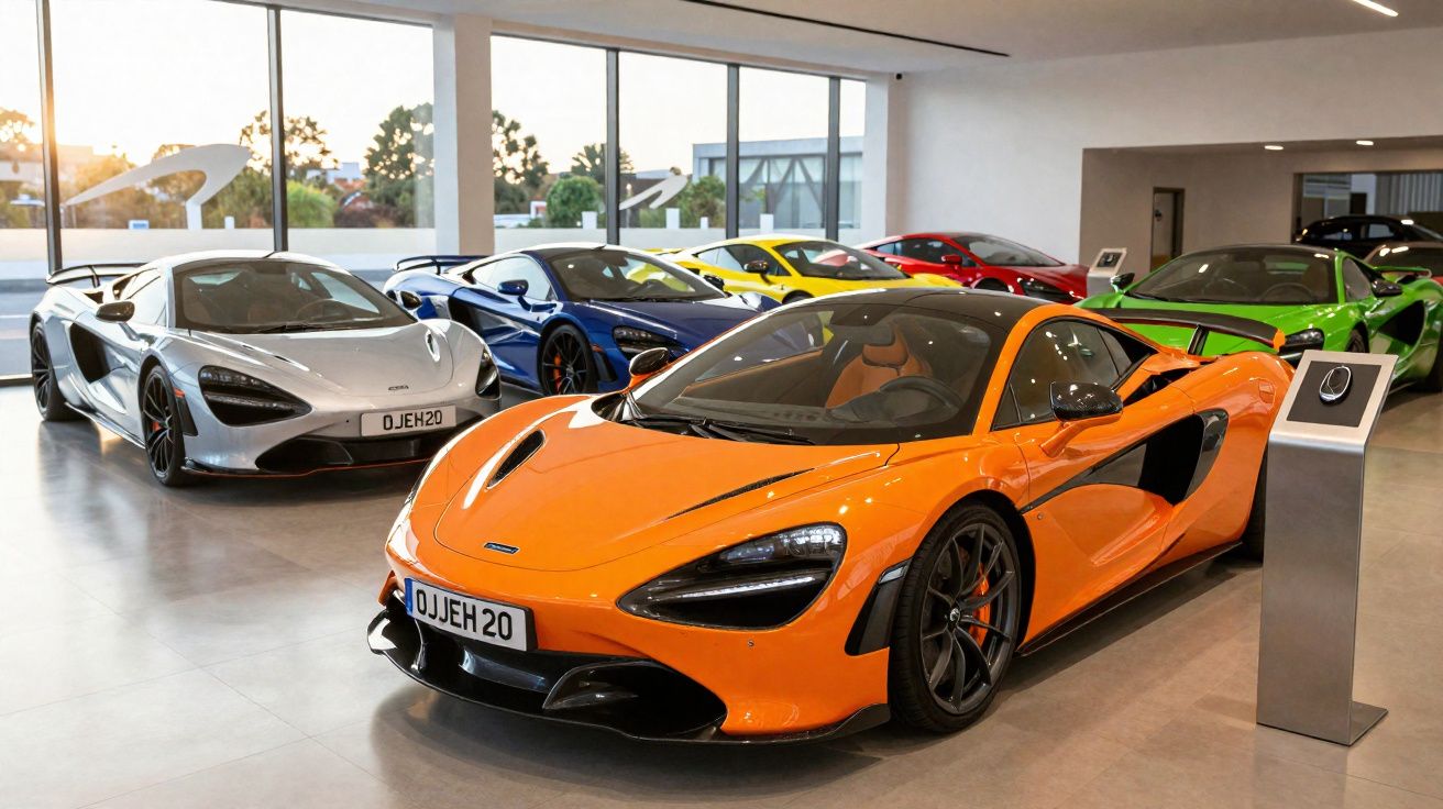 Vários carros desportivos McLaren coloridos alinhados numa exposição interior com chão cinzento polido.