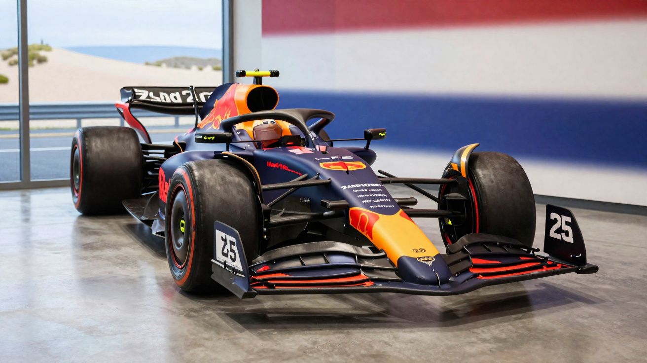 Carro de Fórmula 1 da Red Bull com decoração preta, laranja e vermelho estacionado numa garagem.
