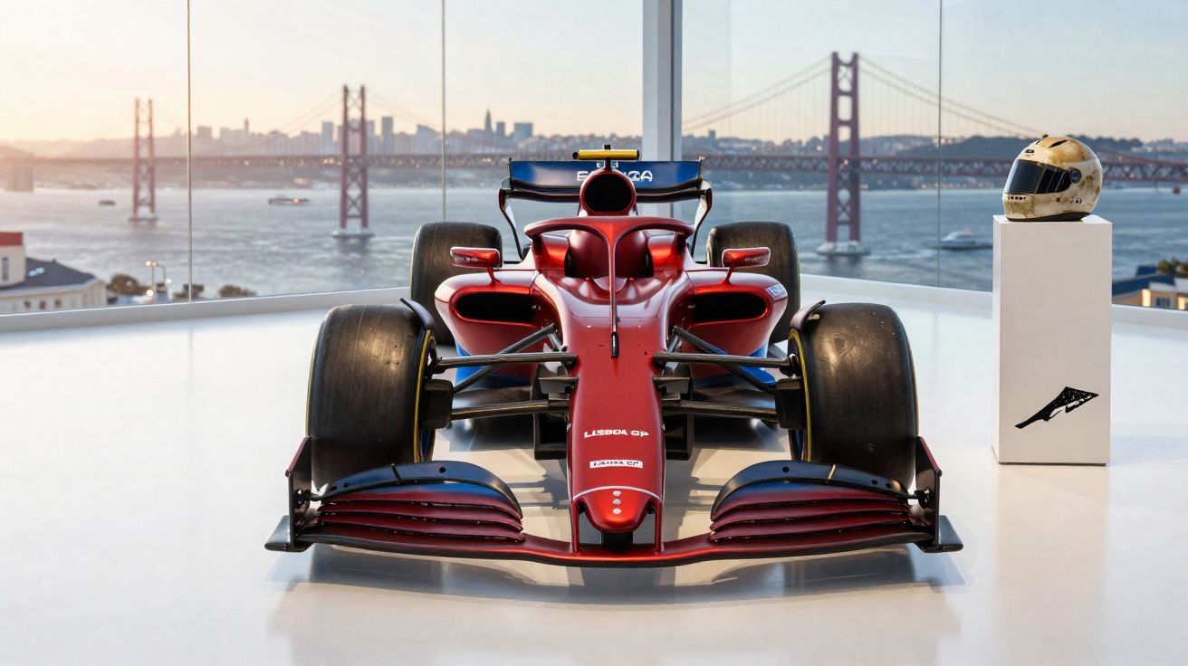 Carro de Fórmula 1 vermelho em exposição com vista para a ponte 25 de Abril e rio Tejo ao fundo em Lisboa.