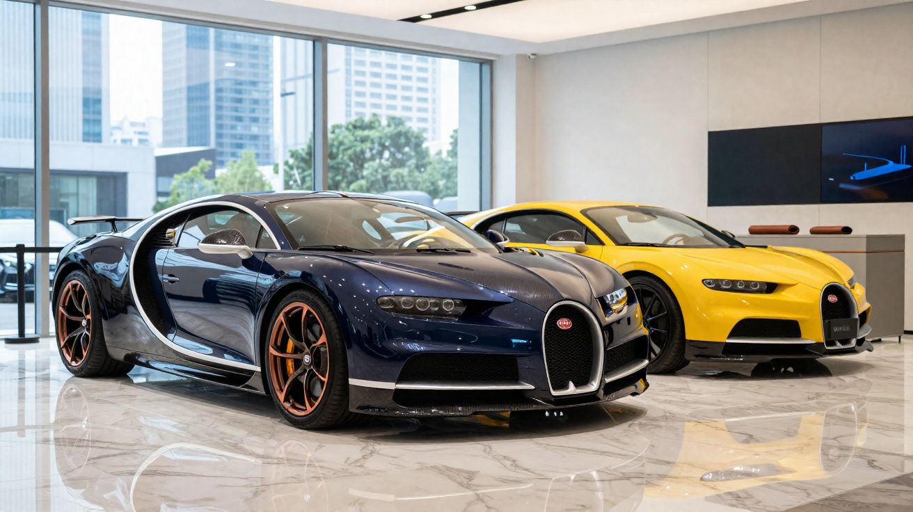 Dois carros de luxo Bugatti Chiron, um azul e outro amarelo, expostos num showroom moderno com janelas grandes.