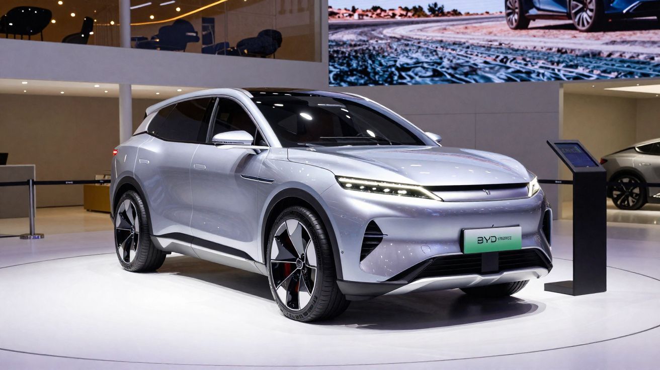 Carro elétrico moderno prateado exposto num salão automóvel, com luzes LED e rodas desportivas.