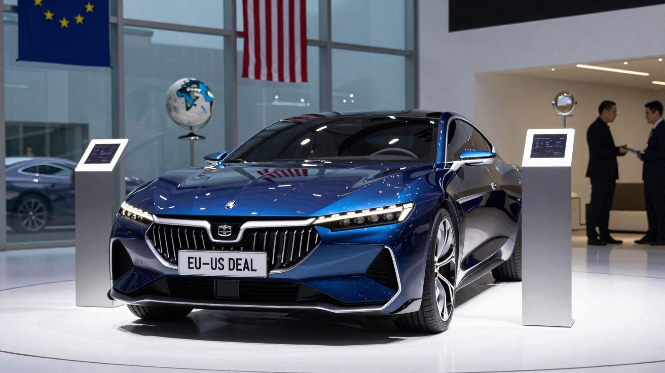 Carro desportivo azul metálico exposto em stand, com matrícula "EU-US DEAL" e bandeiras da UE e EUA ao fundo.