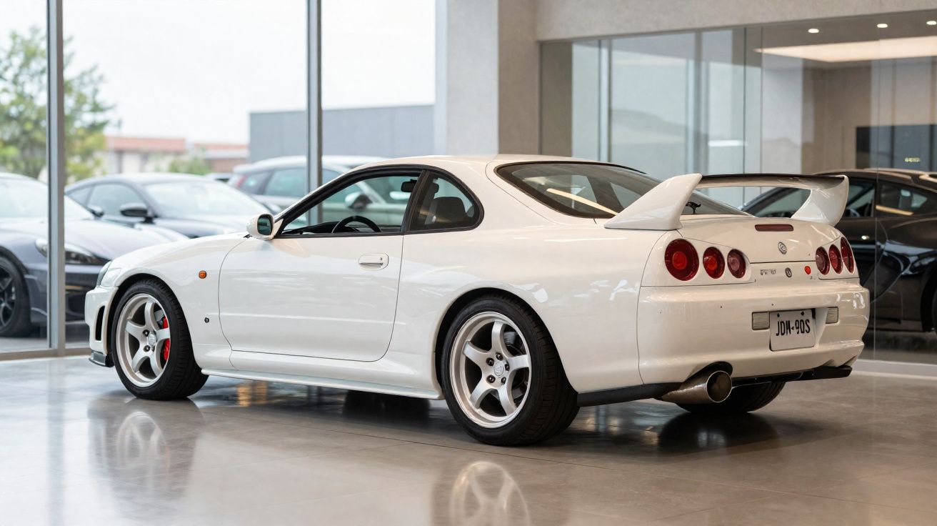 Carro desportivo branco estacionado em showroom com jantes prateadas e asa traseira proeminente.