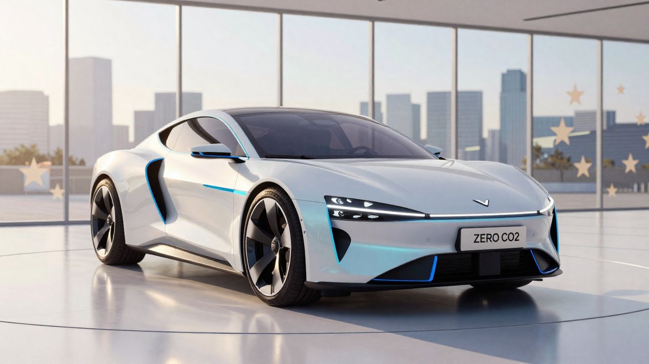 Carro desportivo elétrico branco num espaço interior moderno com grandes janelas e vista para a cidade.