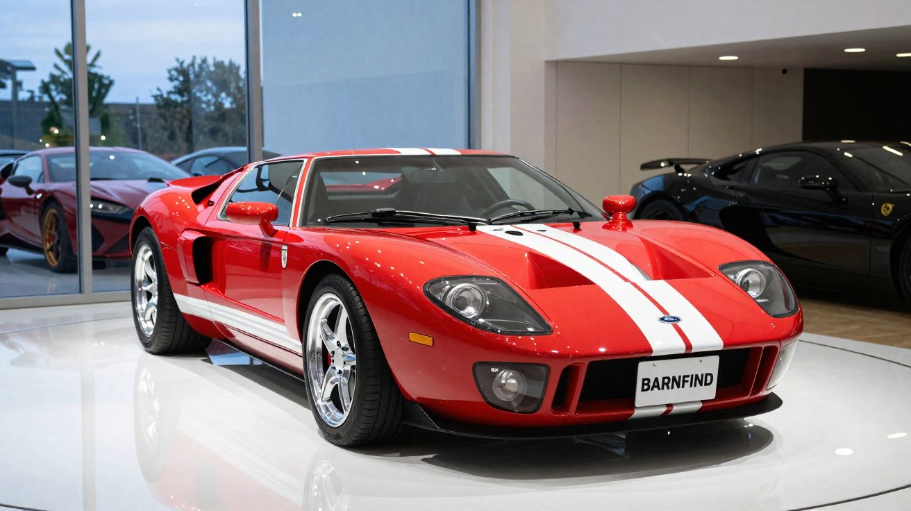 Carro desportivo vermelho com risca branca dupla ao centro, exposto em sala moderna com carros de luxo ao fundo.