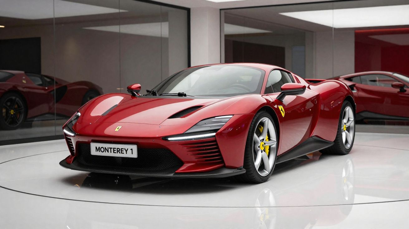 Carro desportivo Ferrari vermelho brilhante estacionado em exposição com base giratória branca.