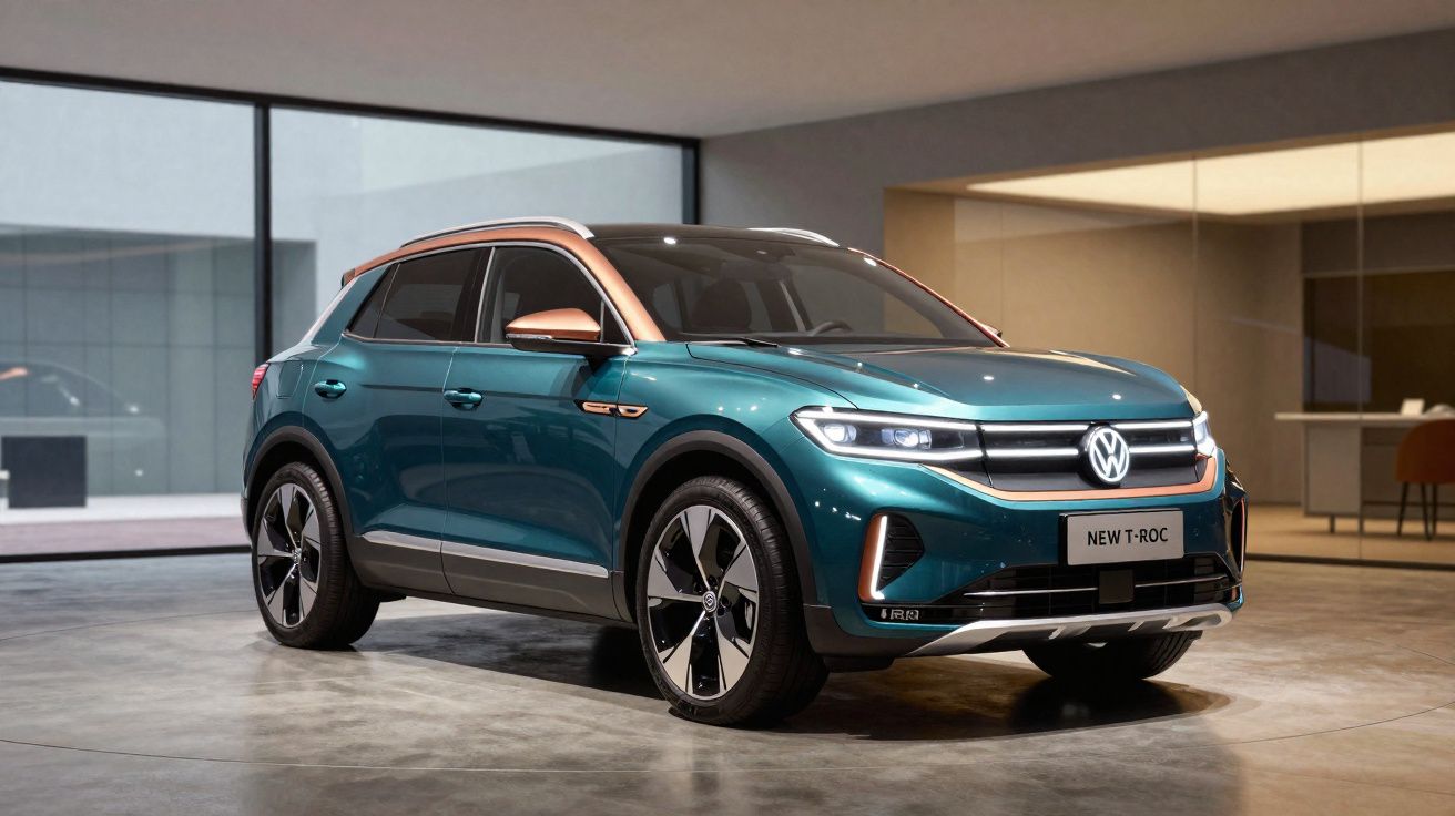 Carro elétrico Volkswagen T-Roc azul com detalhes castanhos, estacionado em espaço interior moderno.
