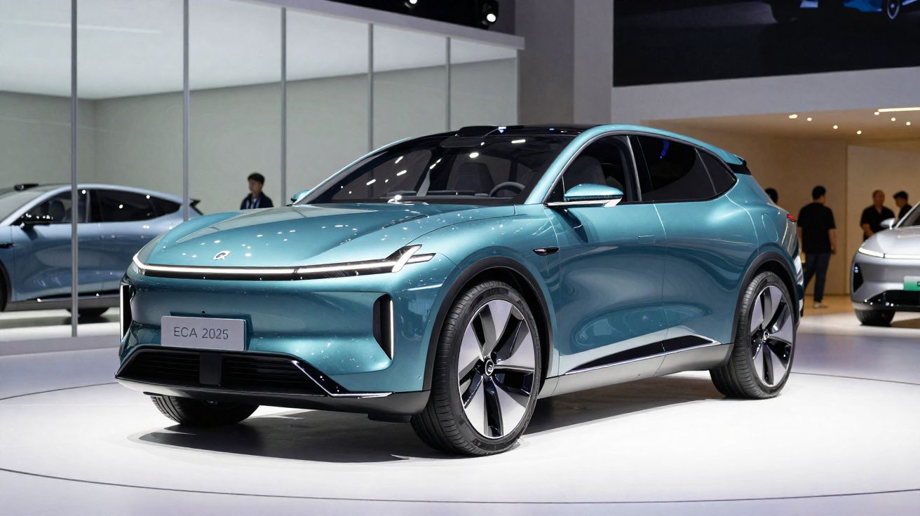 Carro elétrico azul metálico futurista exposto numa feira automóvel, com personagens em segundo plano.